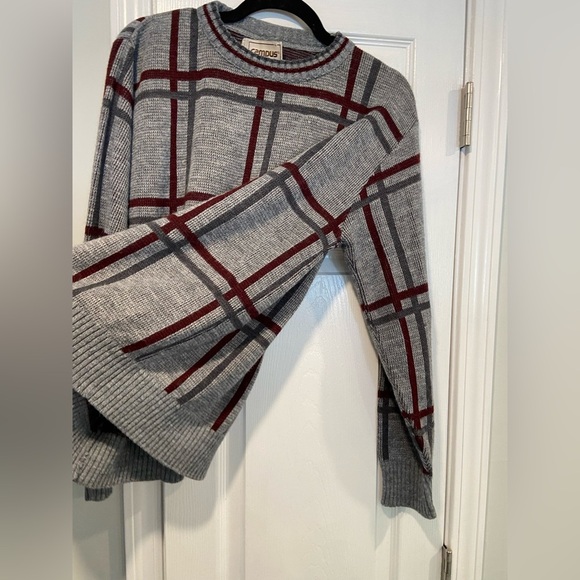 VTG Campus Size L Gray Stripe Plaid Long Sleeve Knit Crew Neck Pullover Sweater - Picture 2 of 10